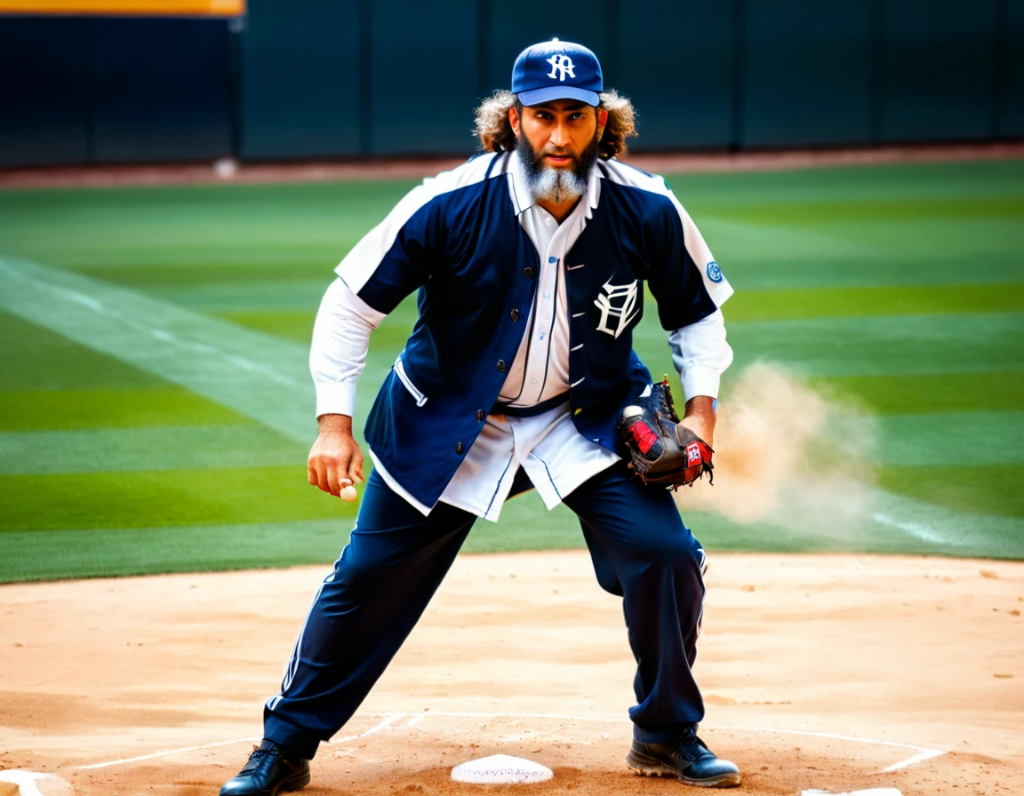 Arafed a sports capture picture of a Rabbi playing baseball, an exquisite beautiful Rabbi, full body, middle aged man, wearing a (Kippa, and Talith: 1.2), having a star of David on his uniform,   dynamic hair, dynamic style, ultra detailed face, concentrated look, determined look, best detailed face, wearing ((Rabbinic clothes: 1.3)), standing ready in a baseball match, baseball stadium nackground, full body (best details, Masterpiece, best quality), ultra wide shot, photorealistic, vibrant, Ultra-high resolution, High Contrast, (masterpiece:1.5), highest quality, Best aesthetics), best details, best quality, highres, ultra wide angle, 16k, [ultra detailed], masterpiece, best quality, (extremely detailed),
