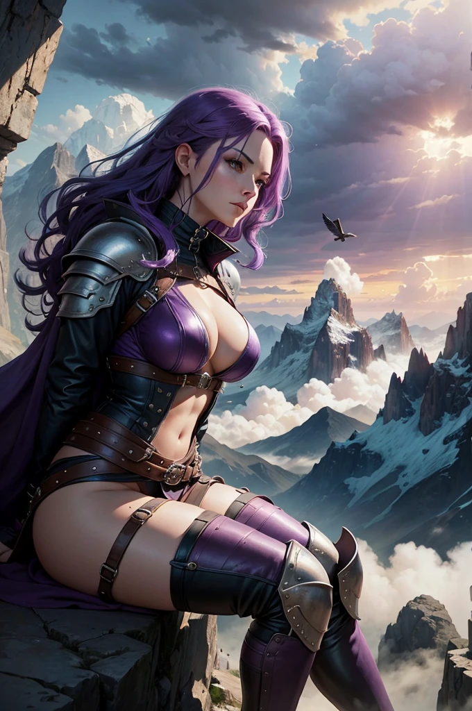 a one woman, purple hair, sitting on top of a very high mountain, cloudy sky, battle armor, leather trousers, beautiful breasts, rays on the horizon, epic scene, solemn countenance, Fantasy world, birds flying.