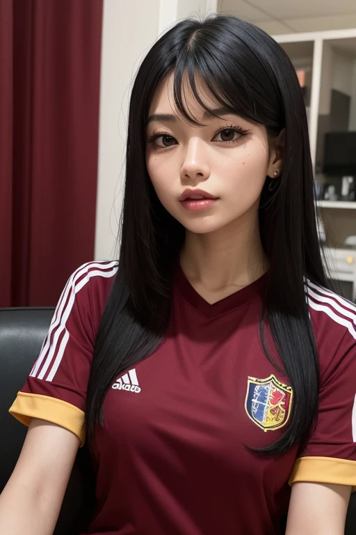 Jennie with long black hair wearing a Colombian Vinotinto team shirt watching the soccer game