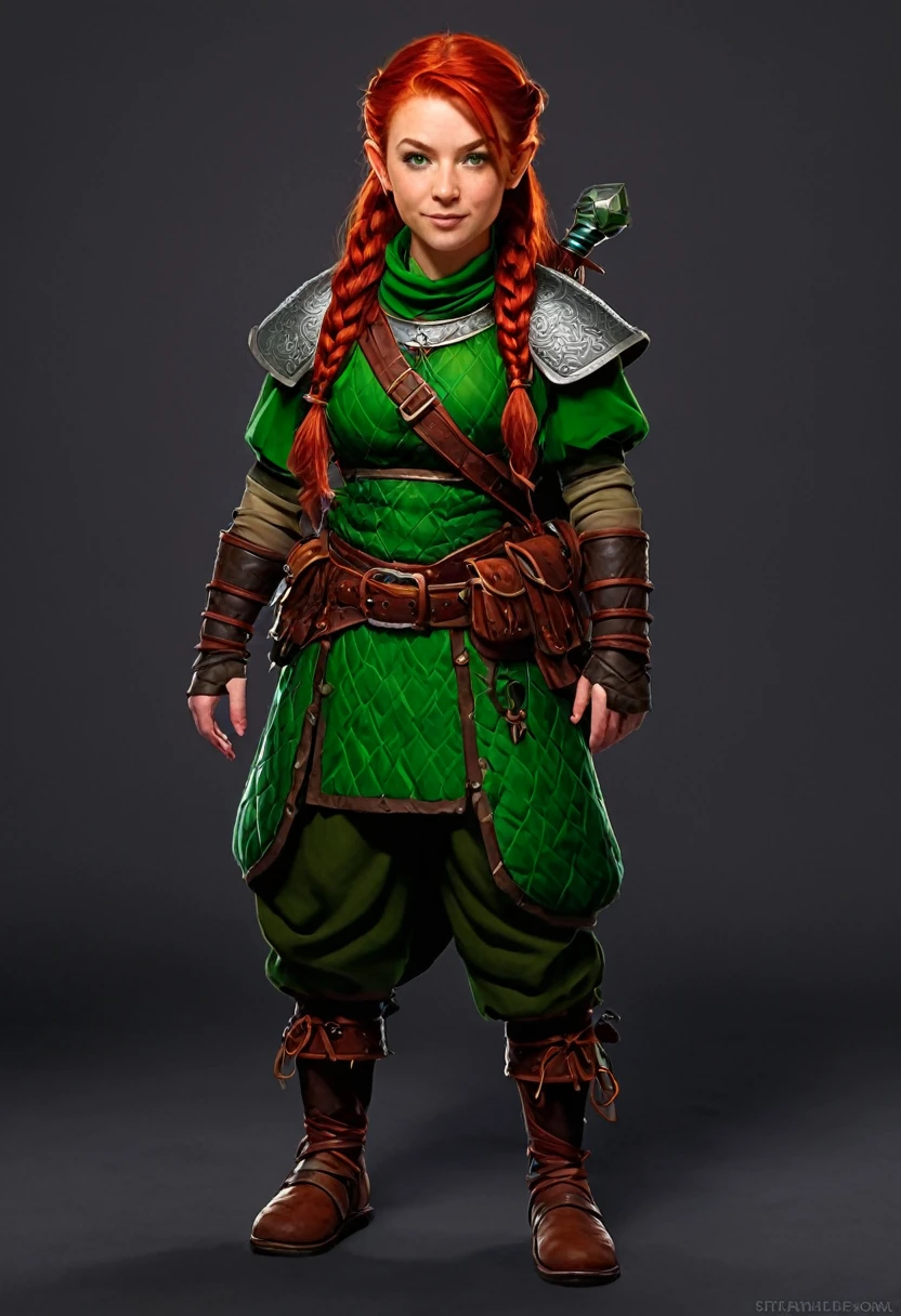 Dungeons & Dragons character, 1girl, female dwarf, long and braided red hair, green eyes, stout and short stature, adventurer garments