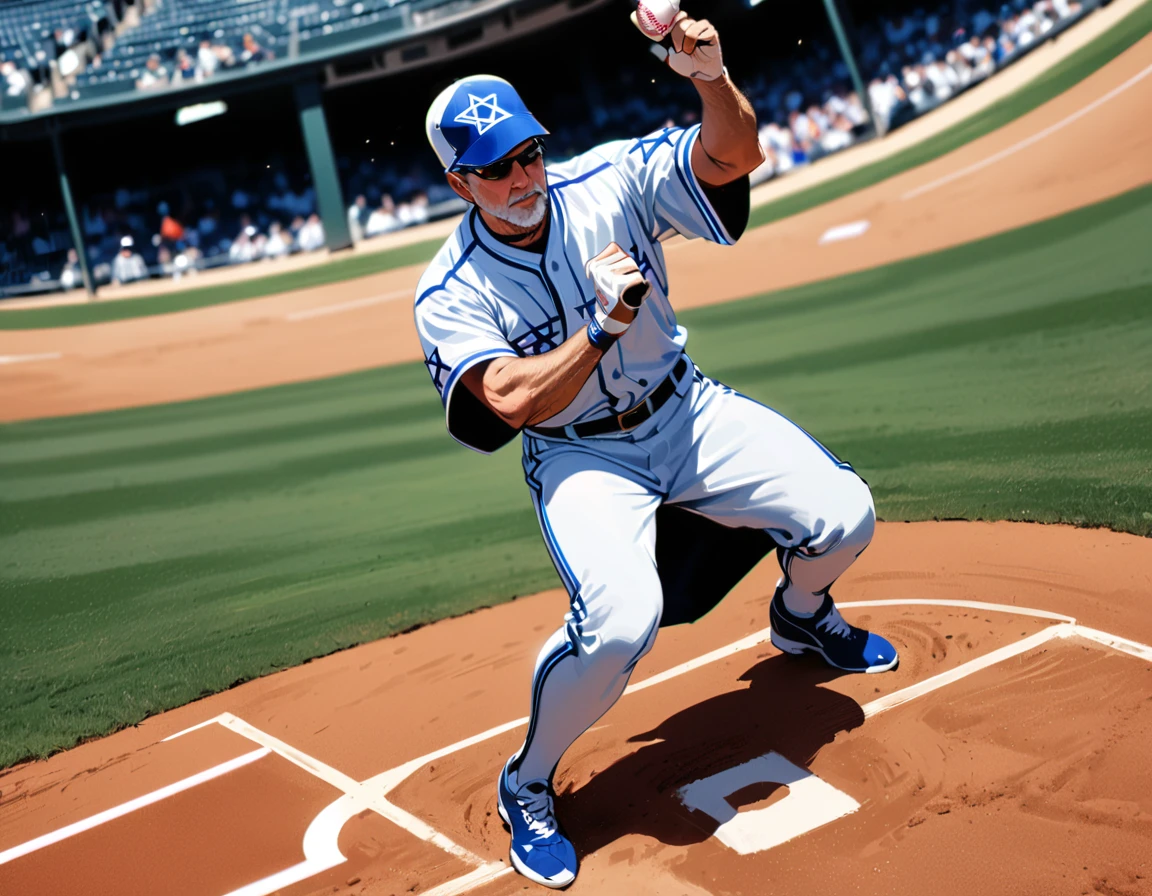 Arafed a sports capture picture of a Rabbi playing baseball, an exquisite beautiful Rabbi, full body, middle aged man, wearing a (Kippa, and Talith: 1.2), having a star of David on his uniform,   dynamic hair, dynamic style, ultra detailed face, concentrated look, determined look, best detailed face, wearing ((Rabbinic clothes: 1.3)), standing ready in a baseball match, baseball stadium nackground, full body (best details, Masterpiece, best quality), ultra wide shot, photorealistic, vibrant, Ultra-high resolution, High Contrast, (masterpiece:1.5), highest quality, Best aesthetics), best details, best quality, highres, ultra wide angle, 16k, [ultra detailed], masterpiece, best quality, (extremely detailed),