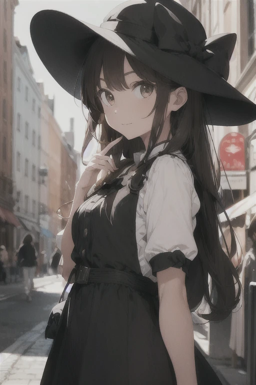 A girl wearing with long brown hair and brown eyes. She is wearing a black and white dress. She has a pretty hat on her head with a ribbon. She is a singer 