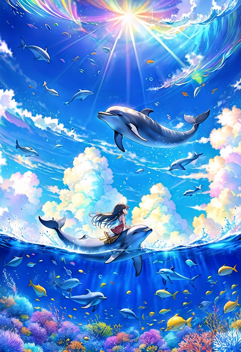 A picture of a dolphin swimming in a colorful sea, Look up the composition,Light blue long hair、Beautiful girl with twin tails、Whale in the Sky, Cyril Rollandに触発されて, Dreamy psychedelic anime, Colorful anime movie background, Beautiful artwork illustration, author:Shimo, Colorful concept art, Cyril Rolland, Cyril Rolland風, Flying Whale, Highly detailed watercolor 8K, Very detailedな水彩画 8K,Octane,Are you okay,Realistic,8K,style of makoto shinkai( Streamlined Design, Clear lines, High Sharpness,Highest quality, Very detailed, masterpiece, Cinematic lighting effects, 4K )