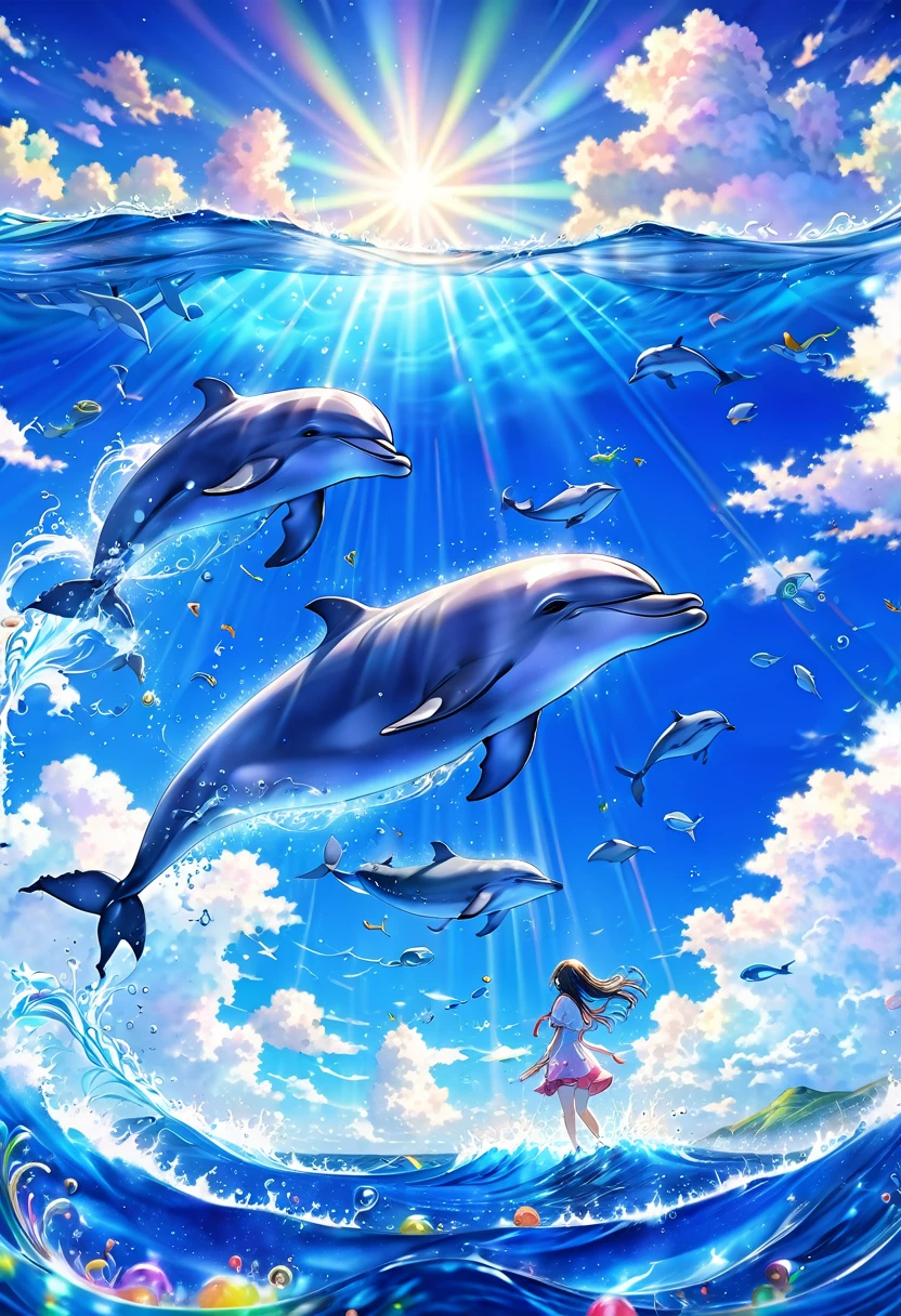 A picture of a dolphin swimming in a colorful sea, Look up the composition,Light blue long hair、Beautiful girl with twin tails、Whale in the Sky, Cyril Rollandに触発されて, Dreamy psychedelic anime, Colorful anime movie background, Beautiful artwork illustration, author:Shimo, Colorful concept art, Cyril Rolland, Cyril Rolland風, Flying Whale, Highly detailed watercolor 8K, Very detailedな水彩画 8K,Octane,Are you okay,Realistic,8K,style of makoto shinkai( Streamlined Design, Clear lines, High Sharpness,Highest quality, Very detailed, masterpiece, Cinematic lighting effects, 4K )