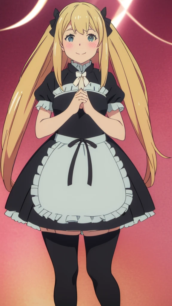 ((masterpiece))((Highest quality))girl、smile、blush、Flat Chest、Are thin、Blonde Hair、blush、Are standing、Whole body image、Even your toes are visible、Eye level to the feet、front、No background、真frontのアングル、A black maid outfit full of frills、Twin tails、Low - Angle、Fisheye Lens