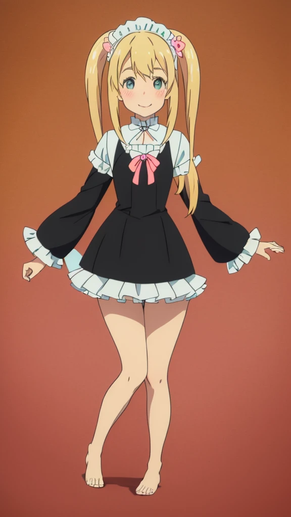 ((masterpiece))((Highest quality))girl、smile、blush、Flat Chest、Are thin、Blonde Hair、blush、Are standing、Whole body image、Even your toes are visible、Eye level to the feet、front、No background、真frontのアングル、A black maid outfit full of frills、Twin tails、Low - Angle、Fisheye Lens
