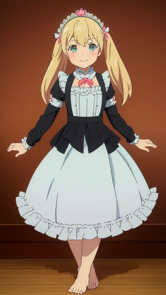 ((masterpiece))((Highest quality))girl、smile、blush、Flat Chest、Are thin、Blonde Hair、blush、Are standing、Whole body image、Even your toes are visible、Eye level to the feet、front、No background、真frontのアングル、A black maid outfit full of frills、Twin tails、Low - Angle、Fisheye Lens