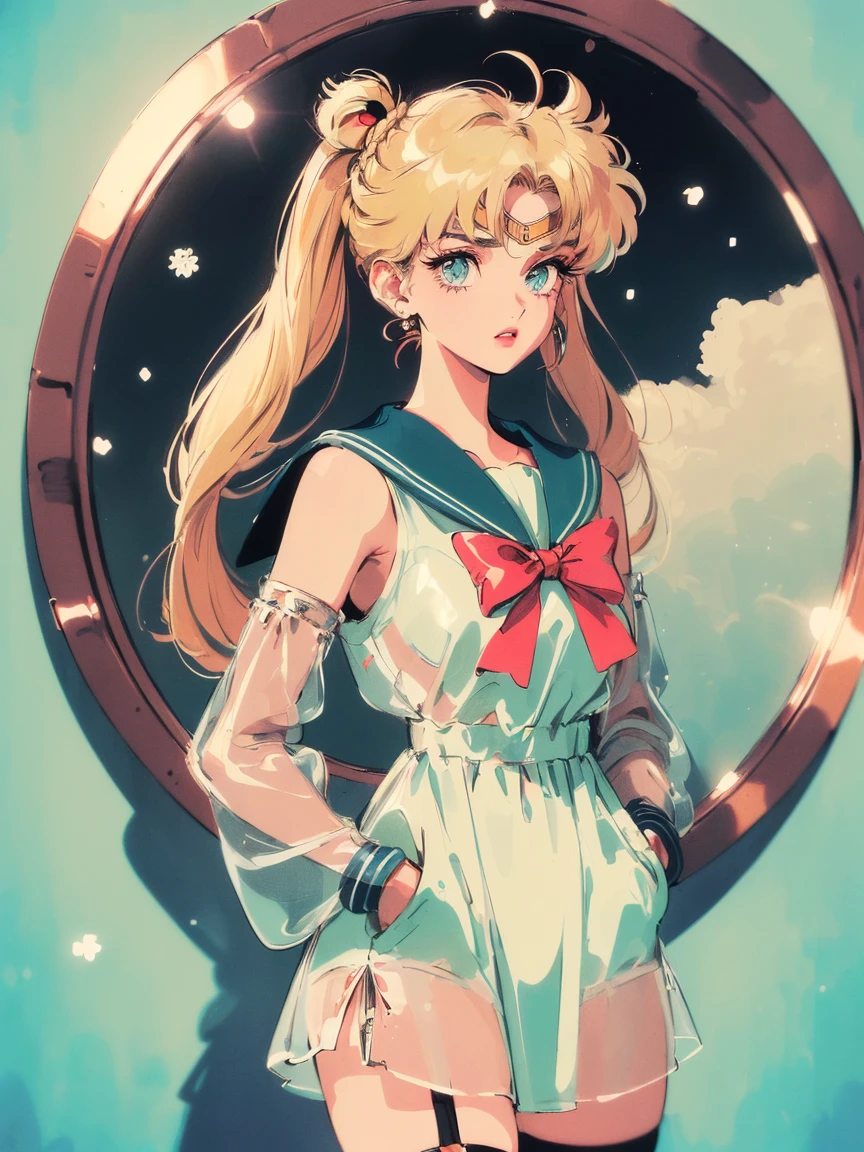 ((((blond haired girl with blue eyes and a red top, sailor moon!!!!!!!!, sailor moon style, retro anime girl , sailor moon aesthetic, anime goddess, anime vintage colors,  in the art style of 8 0 s anime，Vaporwave style,90's anime style,have the style of folk portraits，retro style posters,chicano inspired retro fashion，renaissance,  retro style inspiration retro,light reflected,snowy,ice cubes,iceland,sunflower, fresh and clean appearance，))))(masterpiece:1.2, best quality,top quality,epic quality,UHD), (detalhes intrincados),((head tilts,hands in pockets,)) 1lady, solo,minimal makeup, tecidos naturais,adolescent,under-aged,young face, cara travessa,((rich background,))  ((((In the background is a copper mirror with shadow,))))Mint blue hair,{long hair|Clearly visible hair|natural curved|big ahoge|braid twintails},claros, franja, franja na testa,incredibly_absurdres pupils,saia plissada, (((sagging breasts))), face madura, detailed face, ((ultra-detailed,  lovely)), (geometric:1.2),)),  ((bare shoulders,frills,see-through sleeves,dark pink formal dress, baggy dress,thigh ribbon,stockings,))ray tracing,god lighting,god ray)),((extremely_Detailed_Eyes_and_face)),(Beautiful and aesthetic: 1.2),Brilliant,unbelievable Ridiculous quality,)),((extremely_Detailed_Eyes_and_face)),(Beautiful and aesthetic: 1.2),Brilliant，Ultra-precise depiction, Ultra-detailed depiction,Bokeh (85mm Shot)，