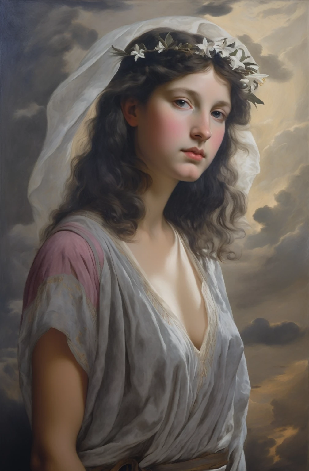 allegory, (teen angel with a wreath of lilies), dark clouds, pink/gray/sepia, Renaissance, graininess, worn canvas, scuff gradient, ((Tiepolo/Fra Angelico/Titian style)),chiaroscuro, oil, acrylic, intricate, extreme detail, complex key, ((single shot)), ((best quality)), ((masterpiece)), ((Pre-Raphaelism)), 8k, impressionism: 0.2 full hd wallpaper