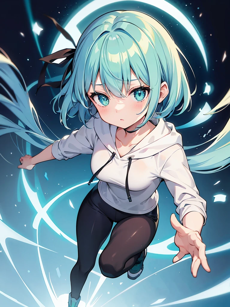 Masterpiece,High quality,(Full body 1.2),Animated standing portrait, black half pants and white hoodie,(green hair 1.4),Anime girl with short green hair and green eyes,(detailed eyes 1.6),(clear eyes 1.4),(beautiful eyes 1.4),(shining eyes 1.4),White cyan, green hair, detailed Key Animated Art, Animated Portrait, shining eyes, girl with blue hair, light blue hair, black half pants, white stockings, thighs, 4K