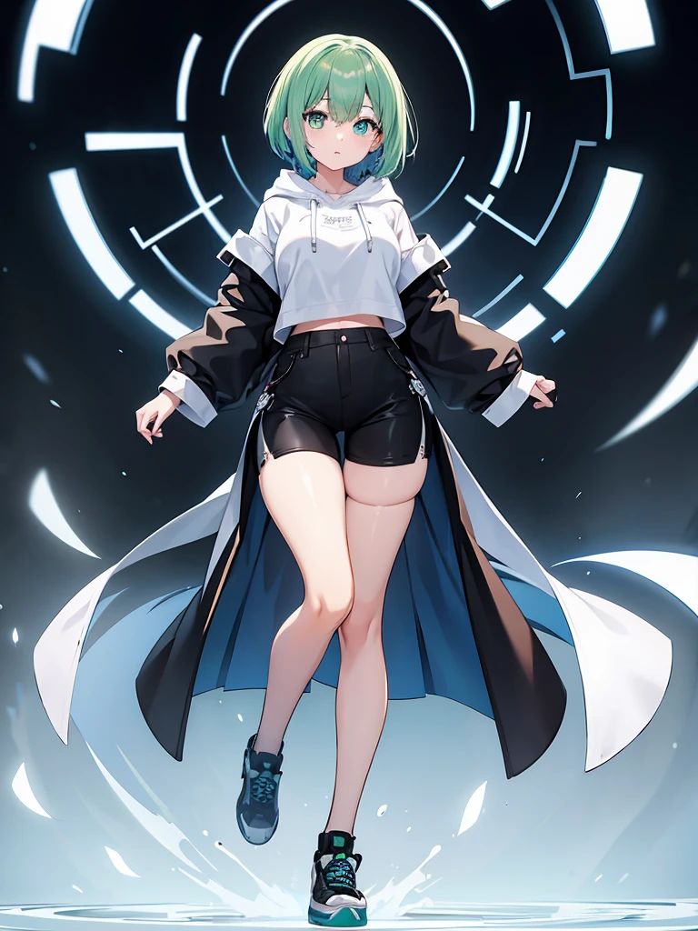 Masterpiece,High quality,(Full body 1.2),Animated standing portrait, black half pants and white hoodie,(green hair 1.4),Anime girl with short green hair and green eyes,(detailed eyes 1.6),(clear eyes 1.4),(beautiful eyes 1.4),(shining eyes 1.4),White cyan, green hair, detailed Key Animated Art, Animated Portrait, shining eyes, girl with blue hair, light blue hair, black half pants, white stockings, thighs, 4K