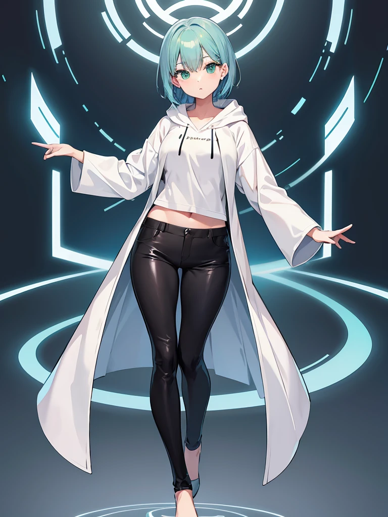 Masterpiece,High quality,(Full body 1.2),Animated standing portrait, black half pants and white hoodie,(green hair 1.4),Anime girl with short green hair and green eyes,(detailed eyes 1.6),(clear eyes 1.4),(beautiful eyes 1.4),(shining eyes 1.4),White cyan, green hair, detailed Key Animated Art, Animated Portrait, shining eyes, girl with blue hair, light blue hair, black half pants, white stockings, thighs, 4K