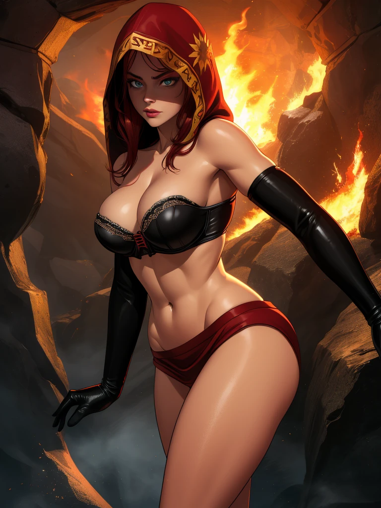 Dsorceress, redhair, shadowy face,dark cave, fire, hood, shadowed face, strapless bra, slim and athletic body, miniskirt, no panty, elbow gloves, dark skin, 1 girl (insanely detailed, masterpiece, best quality)