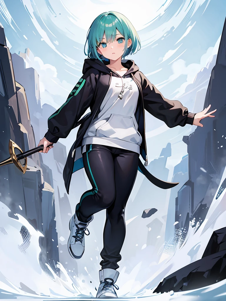 Masterpiece,High quality,(Full body 1.2),Animated standing portrait, black half pants and white hoodie,(green hair 1.4),Anime girl with short green hair and green eyes,(detailed eyes 1.6),(clear eyes 1.4),(beautiful eyes 1.4),(shining eyes 1.4),White cyan, green hair, detailed Key Animated Art, Animated Portrait, shining eyes, girl with blue hair, light blue hair, black half pants, white stockings, thighs, 4K