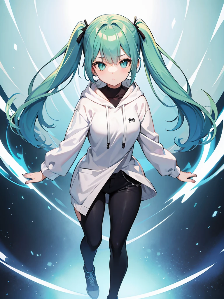 Masterpiece,High quality,(Full body 1.2),Animated standing portrait, black half pants and white hoodie,(green hair 1.4),Anime girl with short green hair and green eyes,(detailed eyes 1.6),(clear eyes 1.4),(beautiful eyes 1.4),(shining eyes 1.4),White cyan, green hair, detailed Key Animated Art, Animated Portrait, shining eyes, girl with blue hair, light blue hair, black half pants, white stockings, thighs, 4K