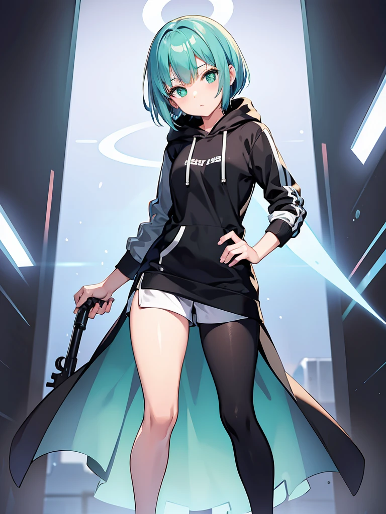 Masterpiece,High quality,(Full body 1.2),Animated standing portrait, black half pants and white hoodie,(green hair 1.4),Anime girl with short green hair and green eyes,(detailed eyes 1.6),(clear eyes 1.4),(beautiful eyes 1.4),(shining eyes 1.4),White cyan, green hair, detailed Key Animated Art, Animated Portrait, shining eyes, girl with blue hair, light blue hair, black half pants, white stockings, thighs, 4K