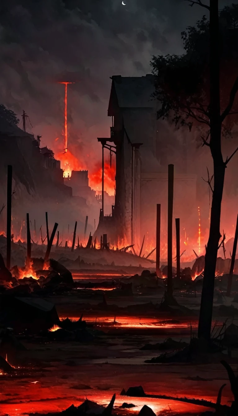 Create a realistic abstract fantasy landscape of a medieval city. The scene is dark and mysterious, with a predominance of dark shades and deep reds. Streams of blood flow through the streets, with organs scattered around and piles of bodies, primarily humanoid creatures, lying about. The city is marked with scorch marks and dark, blood-red fires raging under a dark sky. The only source of light is a shattered, ashy dark moon, casting an eerie glow over the landscape. Thick, red blood rains down from the sky, adding to the grim atmosphere.