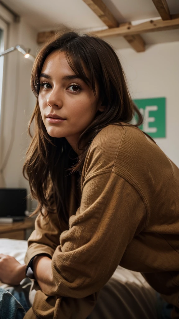 Brune qui fait coucou avec sa main devant la caméra 