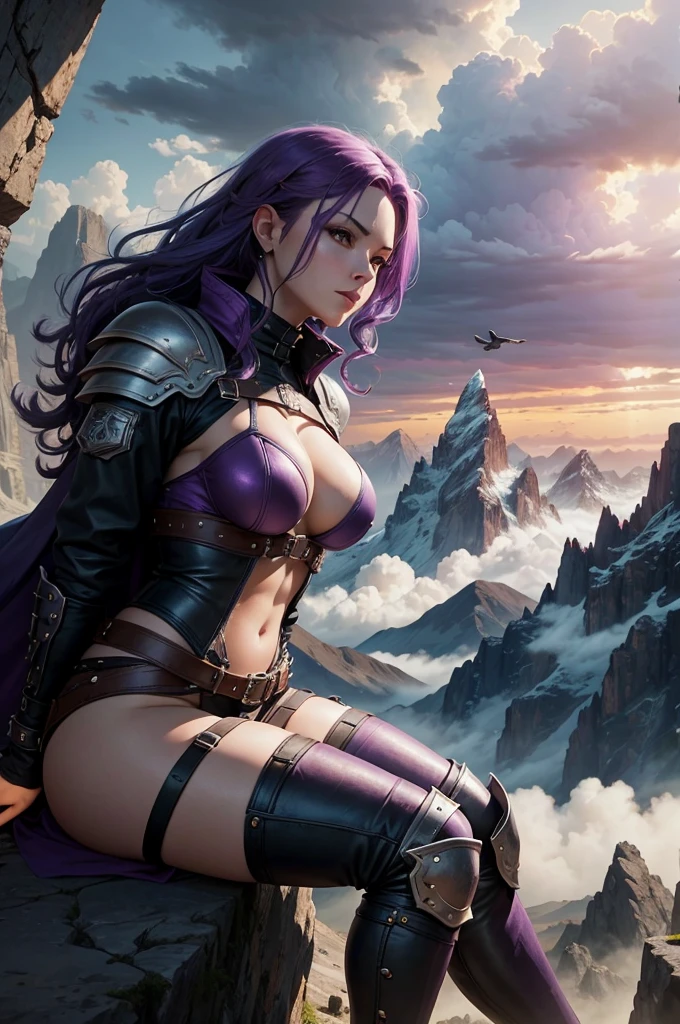 a one woman, purple hair, sitting on top of a very high mountain, cloudy sky, battle armor, little visible skin, leather pants with knife pockets, beautiful breasts, rays on the horizon, epic scene, solemn countenance, Fantasy world, birds flying.