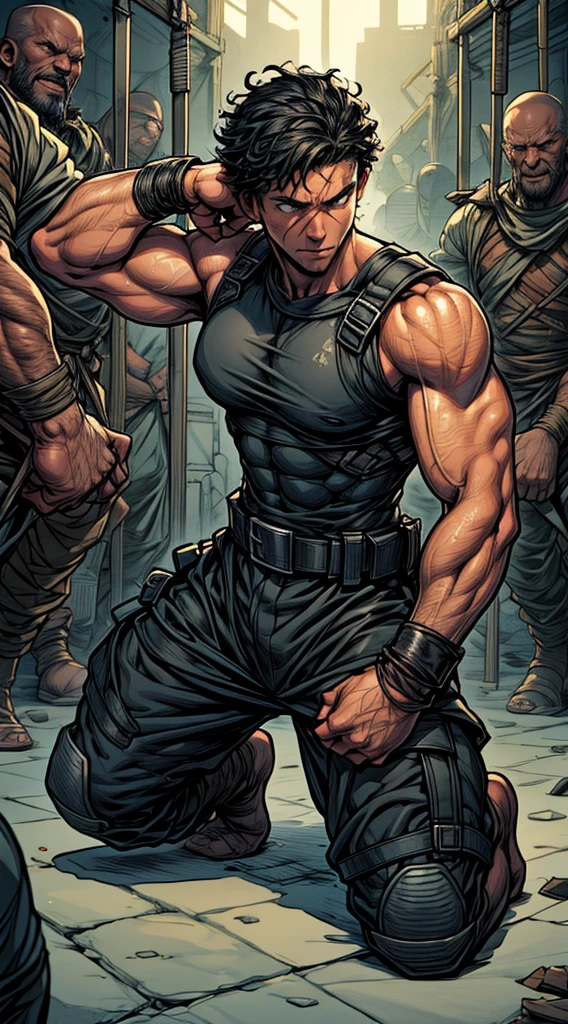 Eating, 40 year old African woman short curly hair. defined body. defined abs. wearing a black cropped tank top and military pants. He has a black eye. is trapped in a cell. hands behind the back. surrounded by soldiers. is leaning against the bars of the cell. handcuffed at the wrists. scar face. kneeling on the floor in the corner. dripping sweat. It's night. art drawing. full body image. HQ