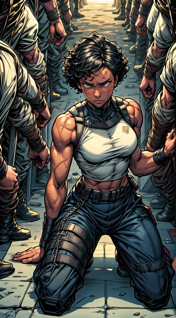 Eating, 40 year old African woman short curly hair. defined body. defined abs. wearing a black cropped tank top and military pants. He has a black eye. is trapped in a cell. hands behind the back. surrounded by soldiers. is leaning against the bars of the cell. handcuffed at the wrists. scar face. kneeling on the floor in the corner. dripping sweat. It's night. art drawing. full body image. HQ