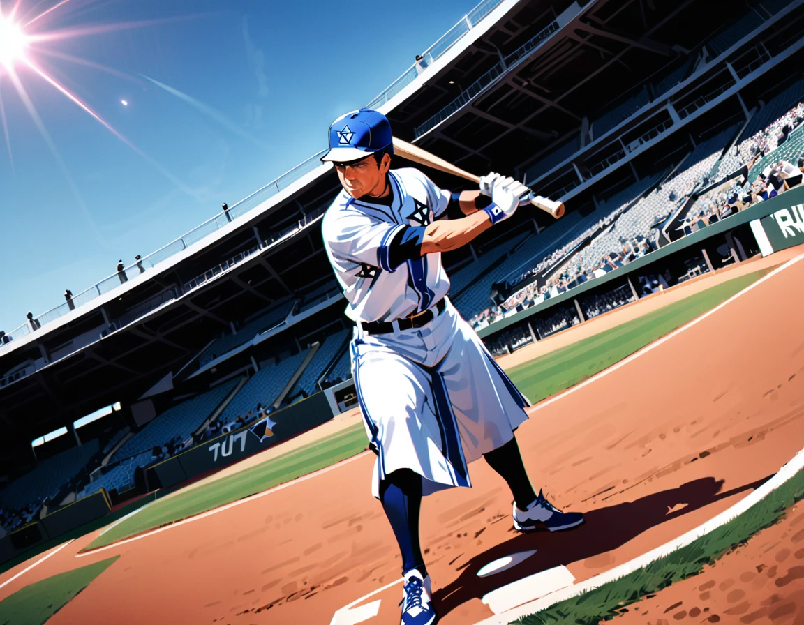 Arafed a sports capture picture of a Rabbi playing baseball, an exquisite beautiful Rabbi, full body, middle aged man, wearing a (Kippa, and Talith: 1.2), having a star of David on his uniform,   dynamic hair, dynamic style, ultra detailed face, concentrated look, determined look, best detailed face, wearing ((Rabbinic clothes: 1.3)), standing ready in a baseball match, baseball stadium nackground, full body (best details, Masterpiece, best quality), ultra wide shot, photorealistic, vibrant, Ultra-high resolution, High Contrast, (masterpiece:1.5), highest quality, Best aesthetics), best details, best quality, highres, ultra wide angle, 16k, [ultra detailed], masterpiece, best quality, (extremely detailed),