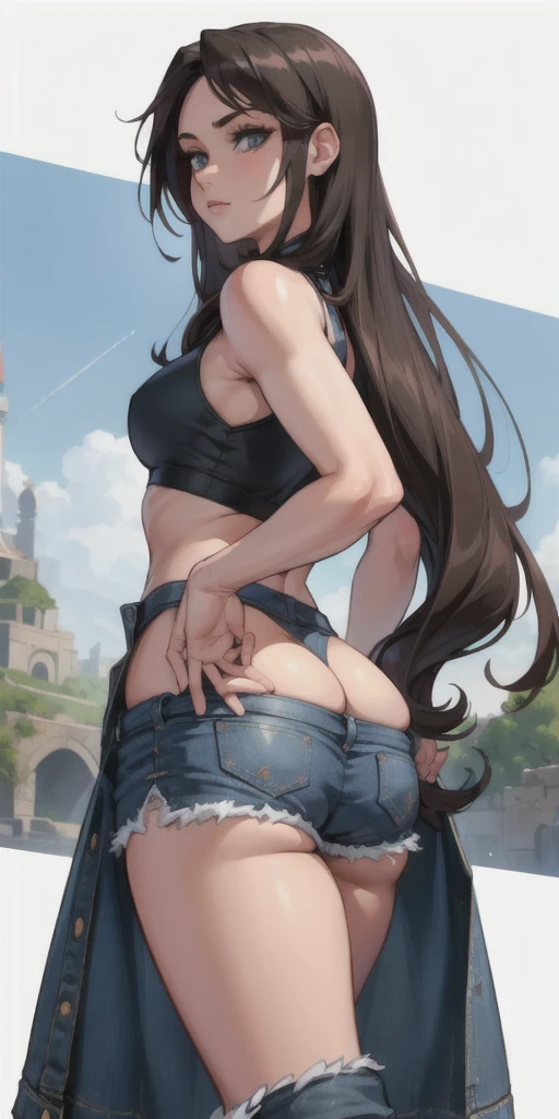 beautiful, (Obra maistra:1.2), (Best Quality:1.2), Perfect eyes, Perfect face, perfect lighting, 1 girl, is, Back, big butt, , black bragas, old, Brown hair, crop top, long black hair, dispeinada, denim, de ispaldas, disde atrás, has, High leg, Bermuda shorts, side chest, simple Background, Alone, Sleeveless, Thighs, correa, under the chest, underwear, Field, gris, catwalk, huge is, Wide hips, arms at the side