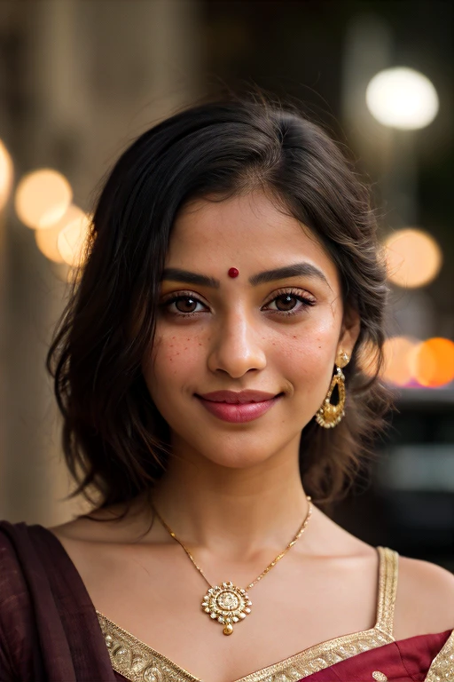Best quality, masterpiece, super high resolution, pure body, clear pores visible, (smile:0.8), (((desi girl))), chubby face, 24 years old girl who wearing cyan colour simple indian kurtis, (realism:1.5), original photo, bare shoulders, in the dark, night scene, deep shadows, low-key, cold light, kind face, youthful, 
medium height, strong cheekbones, beautiful light wavy thin hair (not heavy hair:0.5), attractive neck, beautiful-cute brown eyes, light and thin eyebrows, no makeup, wearing light thin necklace in her neck, and smiling.skin color should be chocolate skin and lip light pink color, Take her picture from outside of indian wedding event background. Show her full picture, indian pose, city indian, bokeh, no dot in her forehead, smile in her face, (ponytail: 0.6), cute cheek, not perfect noise, little bit freckles:0.5
