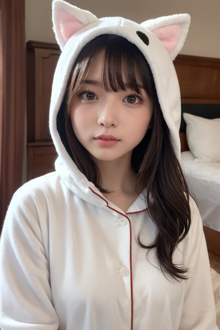 one girl, (a beauty girl, delicate girl:1.3), (Age 25:1.3),
break, (White fluffy kigurumi pajamas, Cat costume:1.2), (Upper Body:1.2),
break, Definition of very fine particles, (Symmetrical eyes:1.3),
break, (Bedroom:1.3),
break, Small breasts, Brown eyes, Parted bangs, Brown Hair, girl,
break, (Eye and facial details:1.0),
break, (masterpiece, Highest quality, Very detailed, Detailed face, 8K)、Upper Bodyは裸、Nipples sticking out