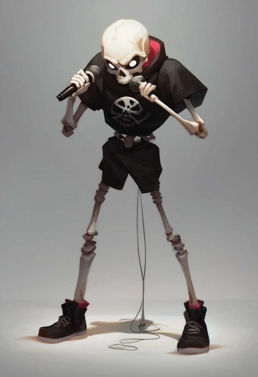 skid, solo, simple background, full body, black eyes, 1boy, skeleton, microphone, holding microphone, short, costume, white pupils