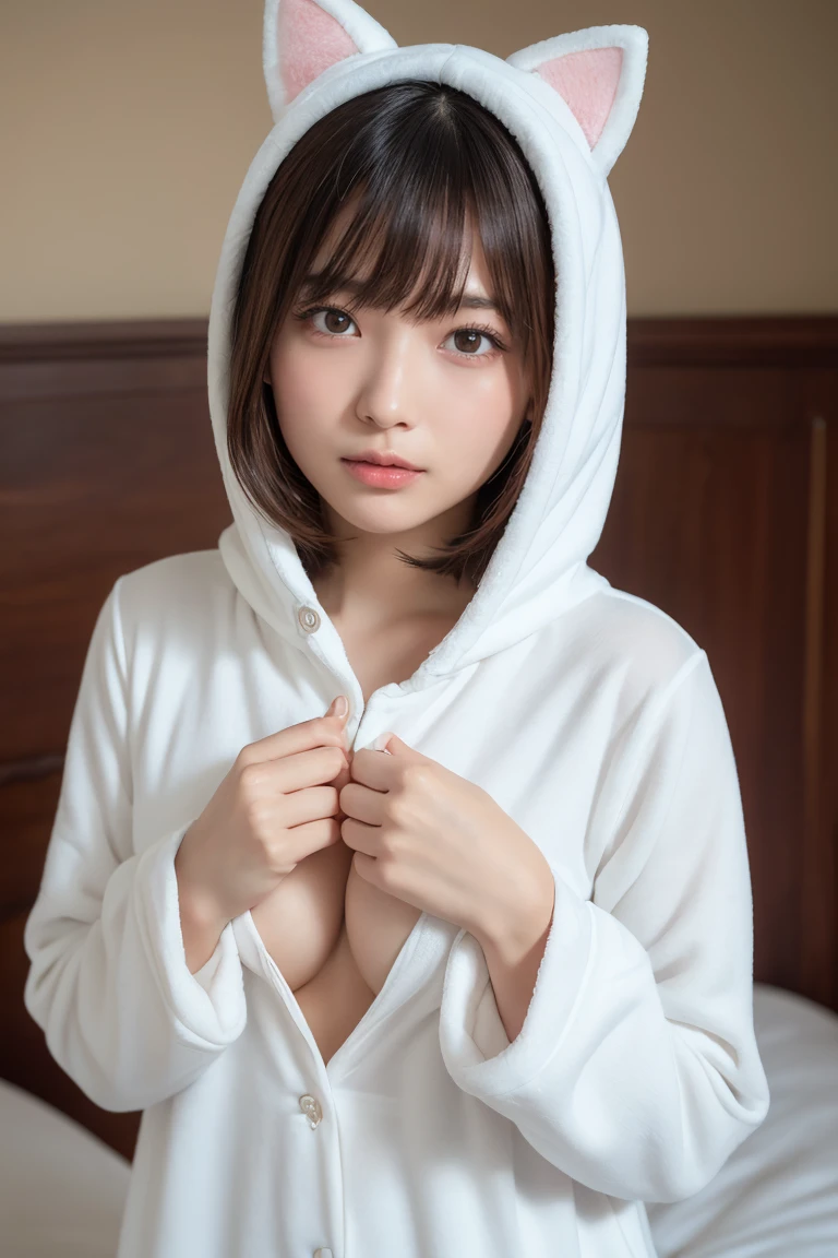 one girl, (a beauty girl, delicate girl:1.3), (Age 25:1.3),
break, (White fluffy kigurumi pajamas, Cat costume:1.2), (Upper Body:1.2),
break, Definition of very fine particles, (Symmetrical eyes:1.3),
break, (Bedroom:1.3), 
break, Small breasts, Brown eyes, Parted bangs, Brown Hair,  girl,
break, (Eye and facial details:1.0),
break, (masterpiece, Highest quality, Very detailed, Detailed face, 8K)、Upper Bodyは裸、Nipples sticking out