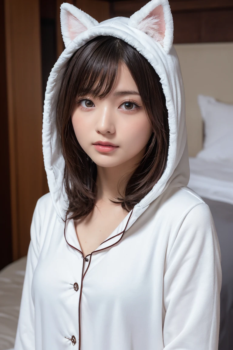 one girl, (a beauty girl, delicate girl:1.3), (Age 25:1.3),
break, (White fluffy kigurumi pajamas, Cat costume:1.2), (Upper Body:1.2),
break, Definition of very fine particles, (Symmetrical eyes:1.3),
break, (Bedroom:1.3), 
break, Small breasts, Brown eyes, Parted bangs, Brown Hair,  girl,
break, (Eye and facial details:1.0),
break, (masterpiece, Highest quality, Very detailed, Detailed face, 8K)、Upper Bodyは裸、Nipples sticking out
