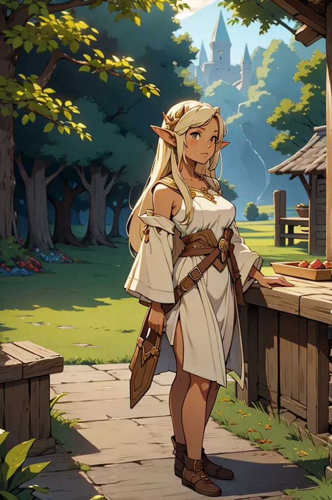 standing alone, female, bard, standing, gazing at viewer, skin tanned, fantasy village, Linen tunic, layer, mellow, breasts big, elf ears, antlers