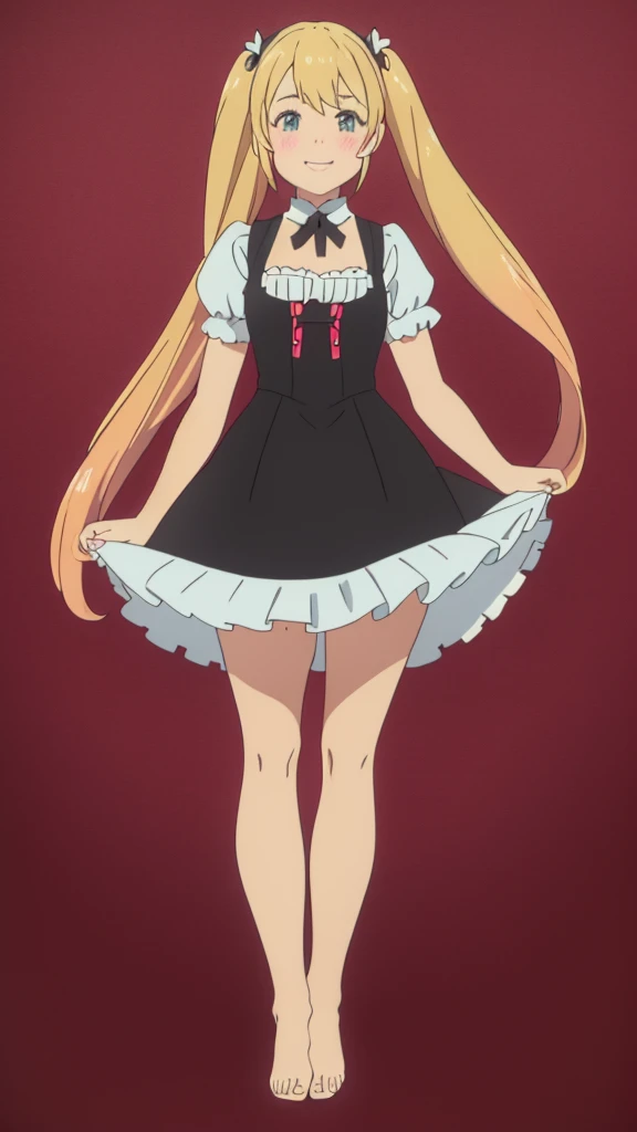 ((masterpiece))((Highest quality))girl、smile、blush、Flat Chest、Are thin、Blonde Hair、blush、Are standing、Whole body image、Even your toes are visible、Eye level to the feet、front、No background、真frontのアングル、A black maid outfit full of frills、Twin tails、Low - Angle