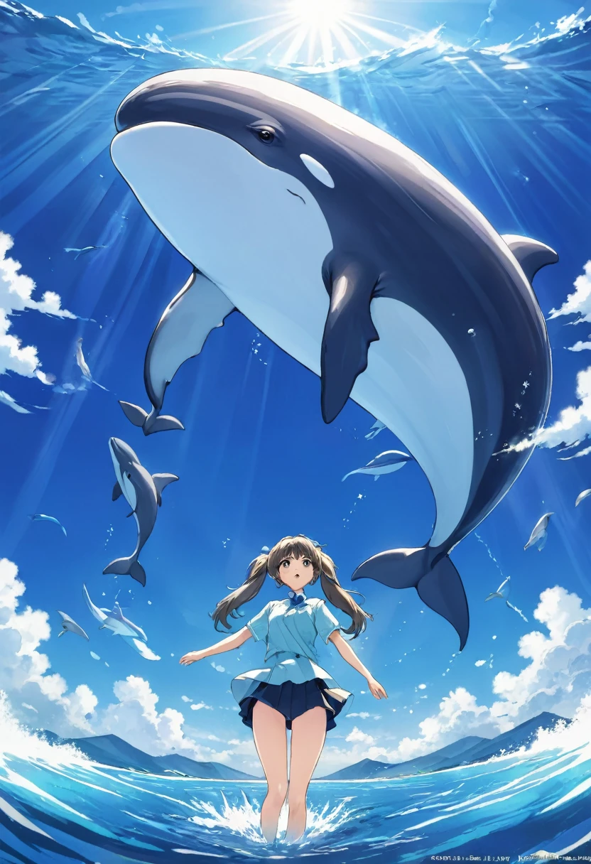 A picture of a dolphin swimming in a colorful sea, Look up the composition，Light blue long hair、Beautiful girl with twin tails、Whale in the Sky, Cyril Rollandに触発されて, Dreamy psychedelic anime, Colorful anime movie background, Beautiful artwork illustration, author：Shimo, Colorful concept art, Cyril Rolland, Cyril Rolland風, Flying Whale, Highly detailed watercolor 8K, Very detailedな水彩画 8K，Octane，Are you okay，Realistic，8K，style of makoto shinkai( Streamlined Design, Clear lines, High Sharpness,Highest quality, Very detailed, masterpiece, Cinematic lighting effects, 4K )