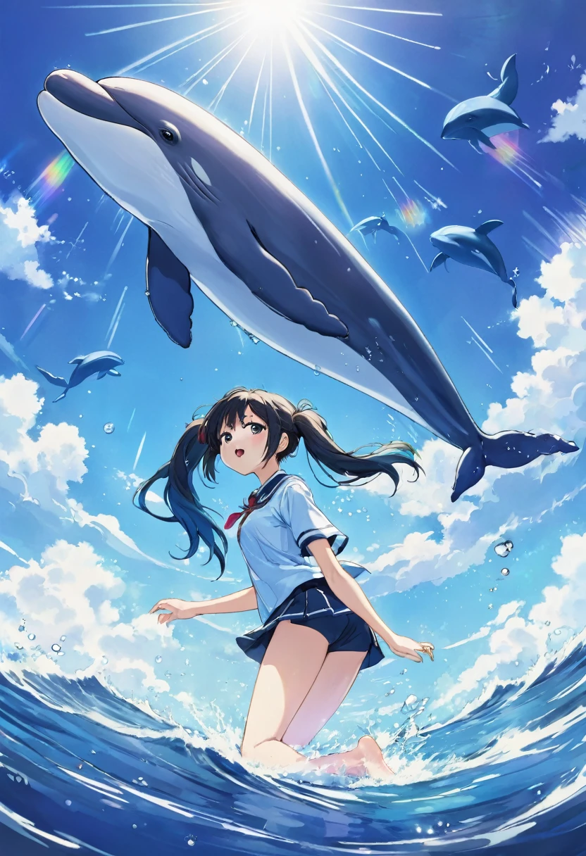 A picture of a dolphin swimming in a colorful sea, Look up the composition,Light blue long hair、Beautiful girl with twin tails、Whale in the Sky, Cyril Rollandに触発されて, Dreamy psychedelic anime, Colorful anime movie background, Beautiful artwork illustration, author:Shimo, Colorful concept art, Cyril Rolland, Cyril Rolland風, Flying Whale, Highly detailed watercolor 8K, Very detailedな水彩画 8K,Octane,Are you okay,Realistic,8K,style of makoto shinkai( Streamlined Design, Clear lines, High Sharpness,Highest quality, Very detailed, masterpiece, Cinematic lighting effects, 4K )