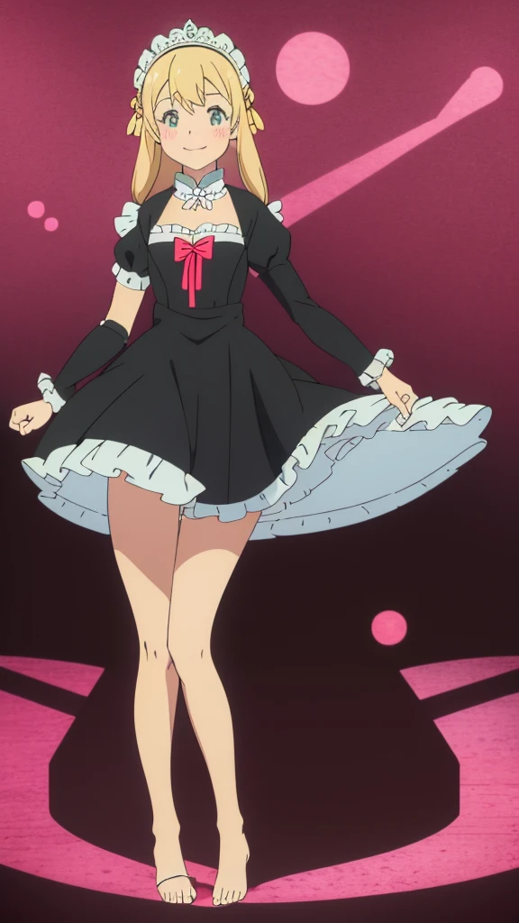 ((masterpiece))((Highest quality))girl、smile、blush、Flat Chest、Are thin、Blonde Hair、blush、Are standing、Whole body image、Even your toes are visible、Eye level to the feet、front、No background、真frontのアングル、A black maid outfit full of frills、Twin tails、Low - Angle