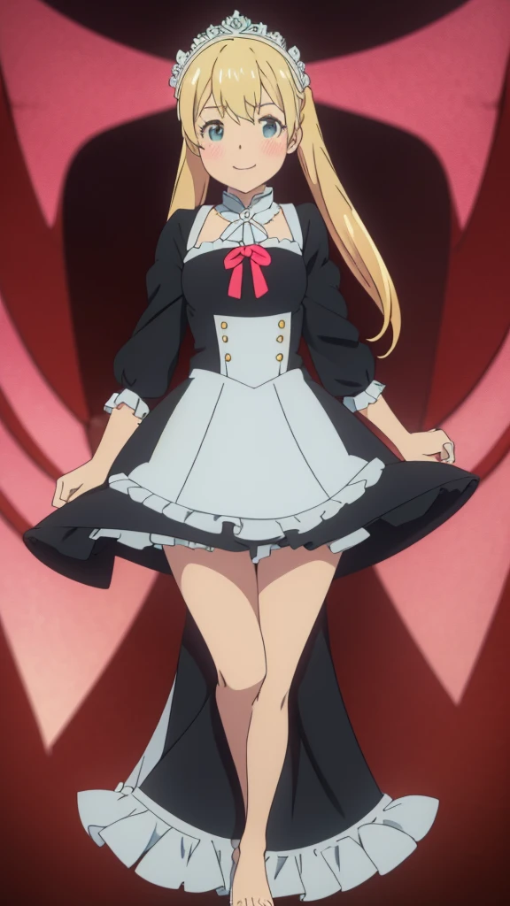 an anime character with her legs spread wide in high heels is bent over in tight stockings, 1girl, solo, ass, underwear, panties, simple background, smile, thighhighs, high heels, long hair, black panties, maid, one eye closed, maid headdress, looking back, gloves, white background, looking at viewer, shiny, bangs, white gloves, Blonde hair, grin, frills, breasts, bent over, shiny skin, dress, full body, black thighhighs