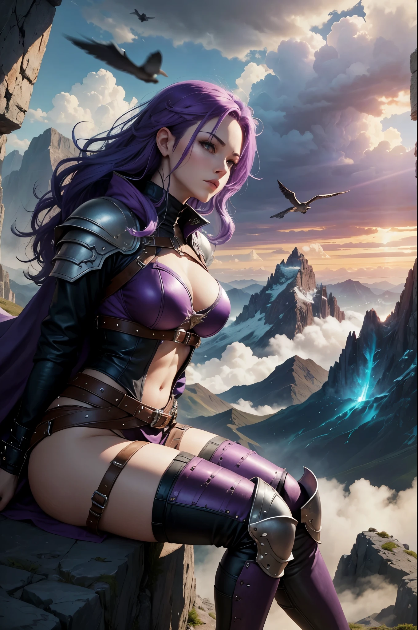 a one woman, purple hair, sitting on top of a very high mountain, cloudy sky, battle armor, little visible skin, leather pants with knife pockets, beautiful breasts, rays on the horizon, epic scene, solemn countenance, Fantasy world, birds flying.