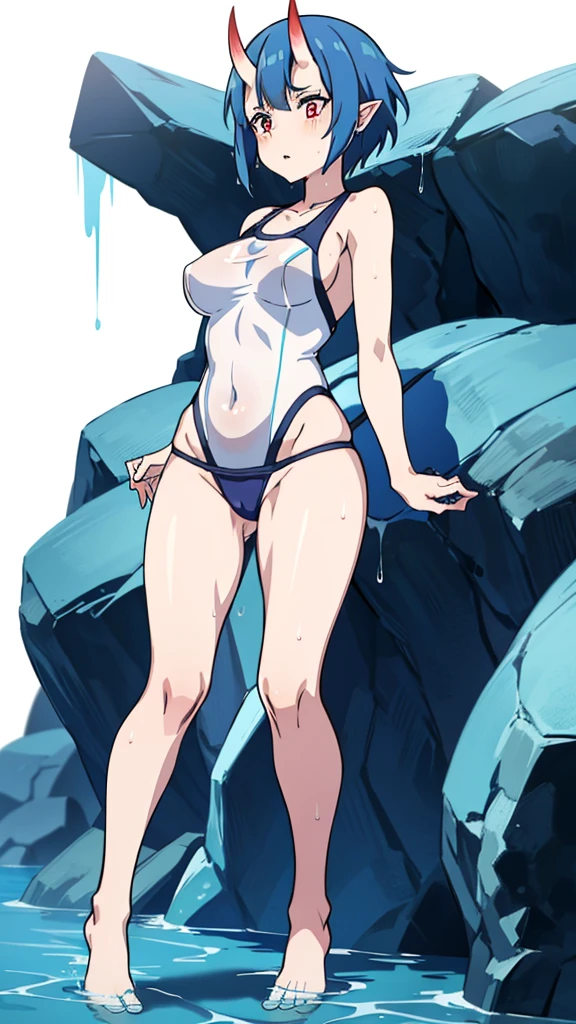 1girl ,20s,mature female,short hair,blue hair,oni horns,(white background),swimsuit,runing,scared,wet,full body