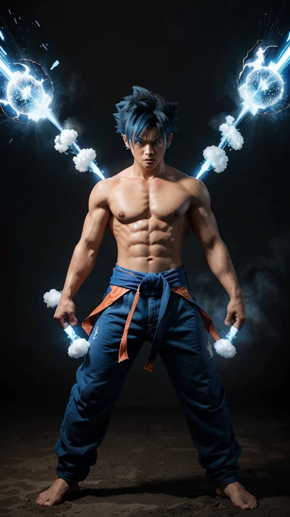Goku in his Super Saiyan Blue form. Her hair is bright blue and spiky, and it bristles on the top of his head. His eyes are blue and full of determination. Goku wears his signature orange gi, that is torn and wrinkled from battles. He wears a blue belt around his waist. He has a muscular and lean physique, with a well defined body. Stands with legs slightly apart, and his fists are clenched. The background is a clear blue sky, with a blue and white aura emanating from Goku. Goku is looking to the left of the image, With a serious expression on his face. He seems ready to fight.