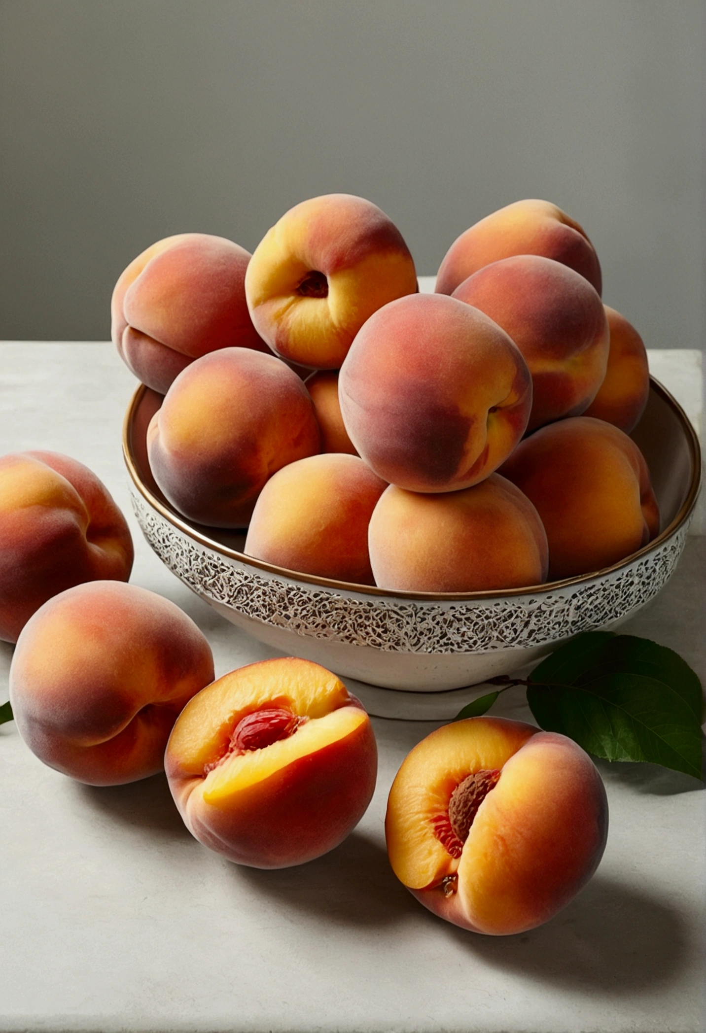 Realistic peaches on a table
