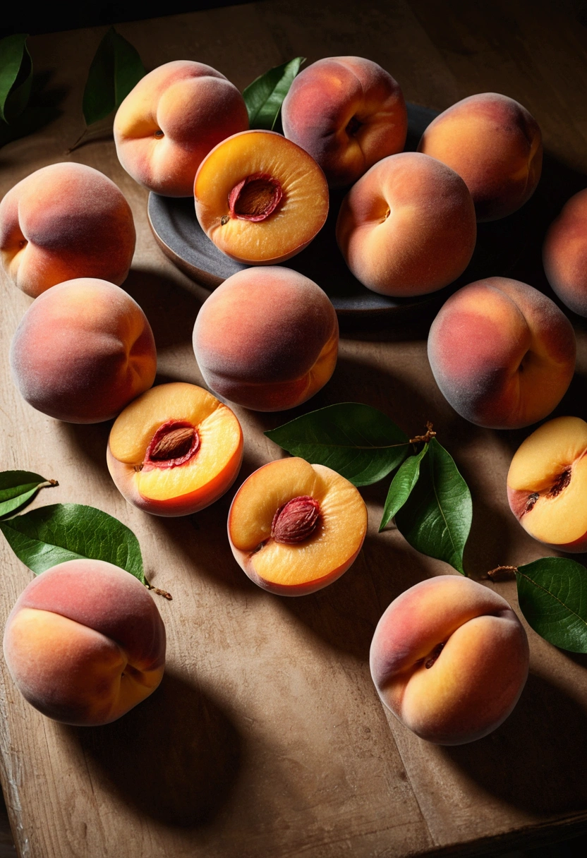 Realistic peaches on a table
