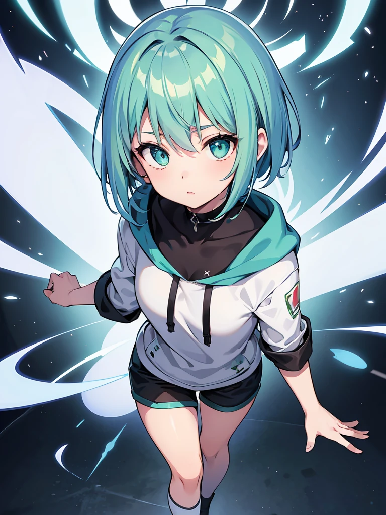 Masterpiece,High quality,(Full body 1.2),Animated standing portrait, black half pants and white hoodie,(green hair 1.4),Anime girl with short green hair and green eyes,(detailed eyes 1.6),(clear eyes 1.4),(beautiful eyes 1.4),(shining eyes 1.4),White cyan, green hair, detailed Key Animated Art, Animated Portrait, shining eyes, girl with blue hair, light blue hair, black half pants, white stockings, thighs, 4K