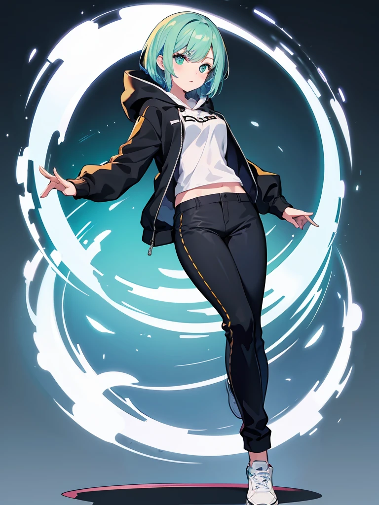 Masterpiece,High quality,(Full body 1.2),Animated standing portrait, black half pants and white hoodie,(green hair 1.4),Anime girl with short green hair and green eyes,(detailed eyes 1.6),(clear eyes 1.4),(beautiful eyes 1.4),(shining eyes 1.4),White cyan, green hair, detailed Key Animated Art, Animated Portrait, shining eyes, girl with blue hair, light blue hair, black half pants, white stockings, thighs, 4K