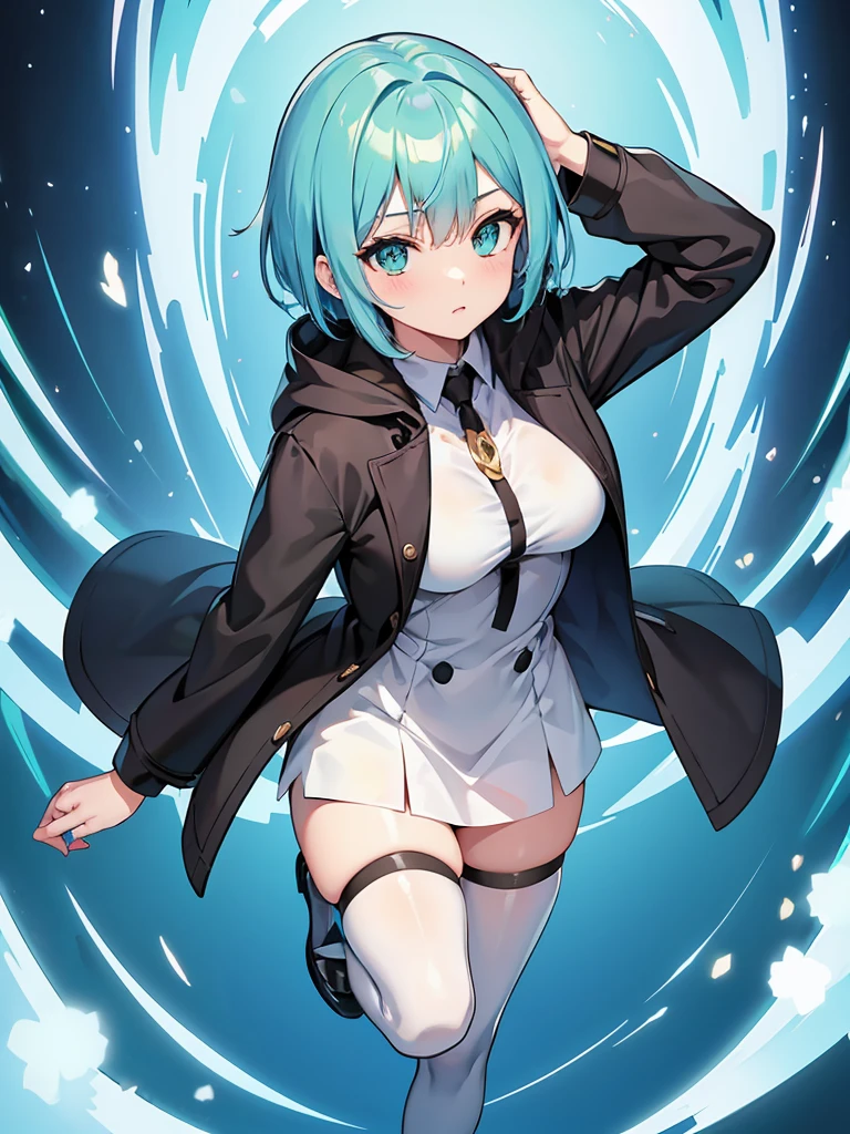 Masterpiece,High quality,(Full body 1.2),Animated standing portrait, black half pants and white hoodie,(green hair 1.4),Anime girl with short green hair and green eyes,(detailed eyes 1.6),(clear eyes 1.4),(beautiful eyes 1.4),(shining eyes 1.4),White cyan, green hair, detailed Key Animated Art, Animated Portrait, shining eyes, girl with blue hair, light blue hair, black half pants, white stockings, thighs, 4K