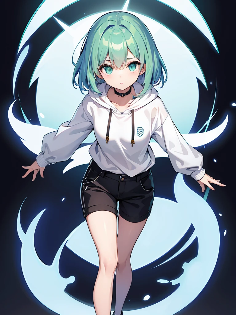 Masterpiece,High quality,(Full body 1.2),Animated standing portrait, black half pants and white hoodie,(green hair 1.4),Anime girl with short green hair and green eyes,(detailed eyes 1.6),(clear eyes 1.4),(beautiful eyes 1.4),(shining eyes 1.4),White cyan, green hair, detailed Key Animated Art, Animated Portrait, shining eyes, girl with blue hair, light blue hair, black half pants, white stockings, thighs, 4K