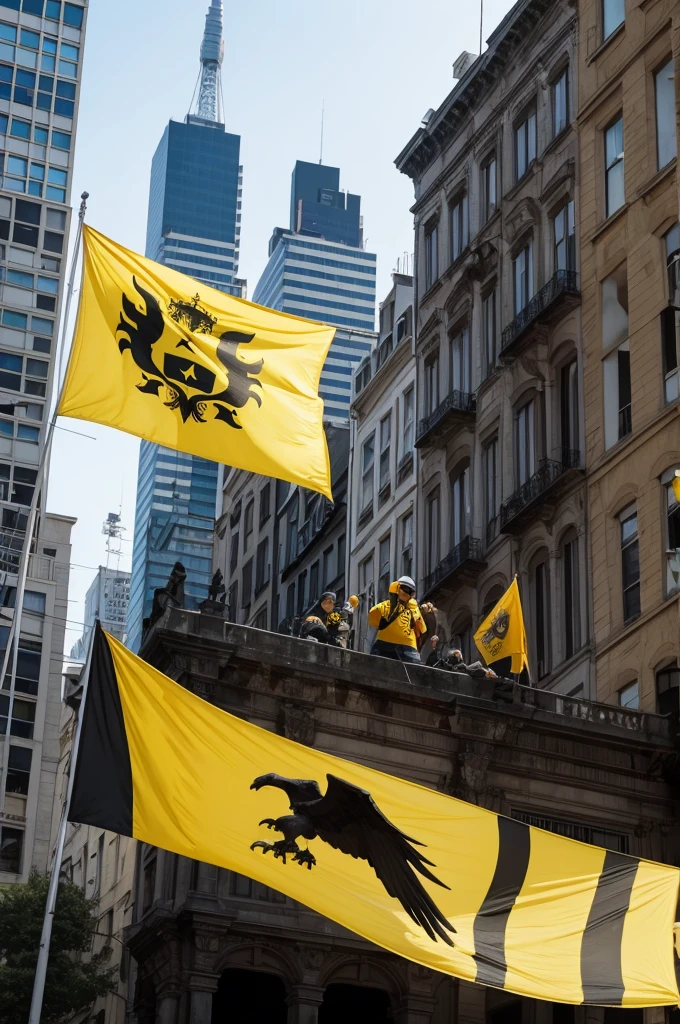 Black and yellow fans destroying the city and tearing up the Uruguayan flag and placing a black flag with a yellow eagle on the flagpole