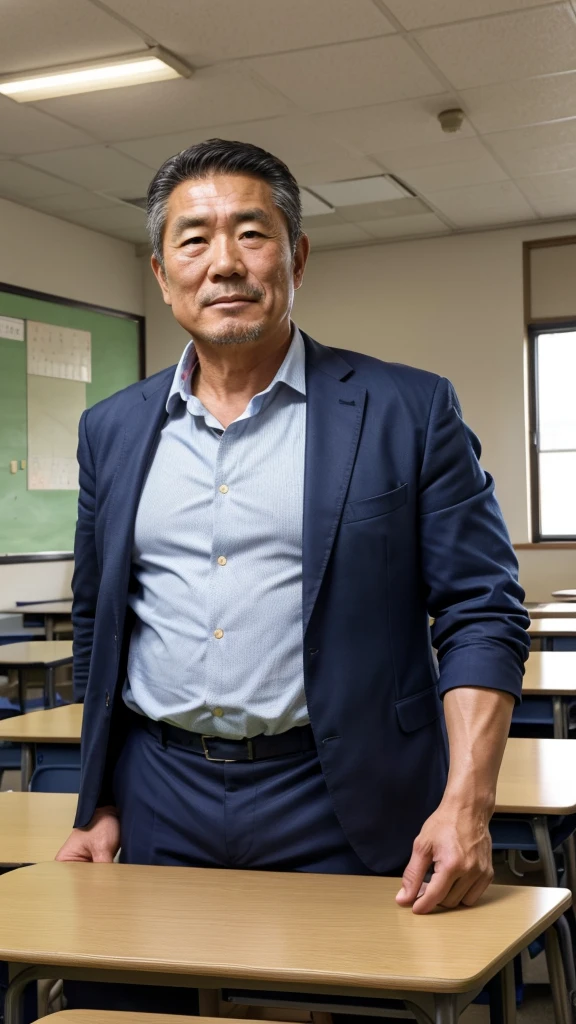 60-year-old Japanese man,He has the face of a rugby player,A sturdy build,elementary school teacher,A little hairy,Wearing a suit,In the classroom