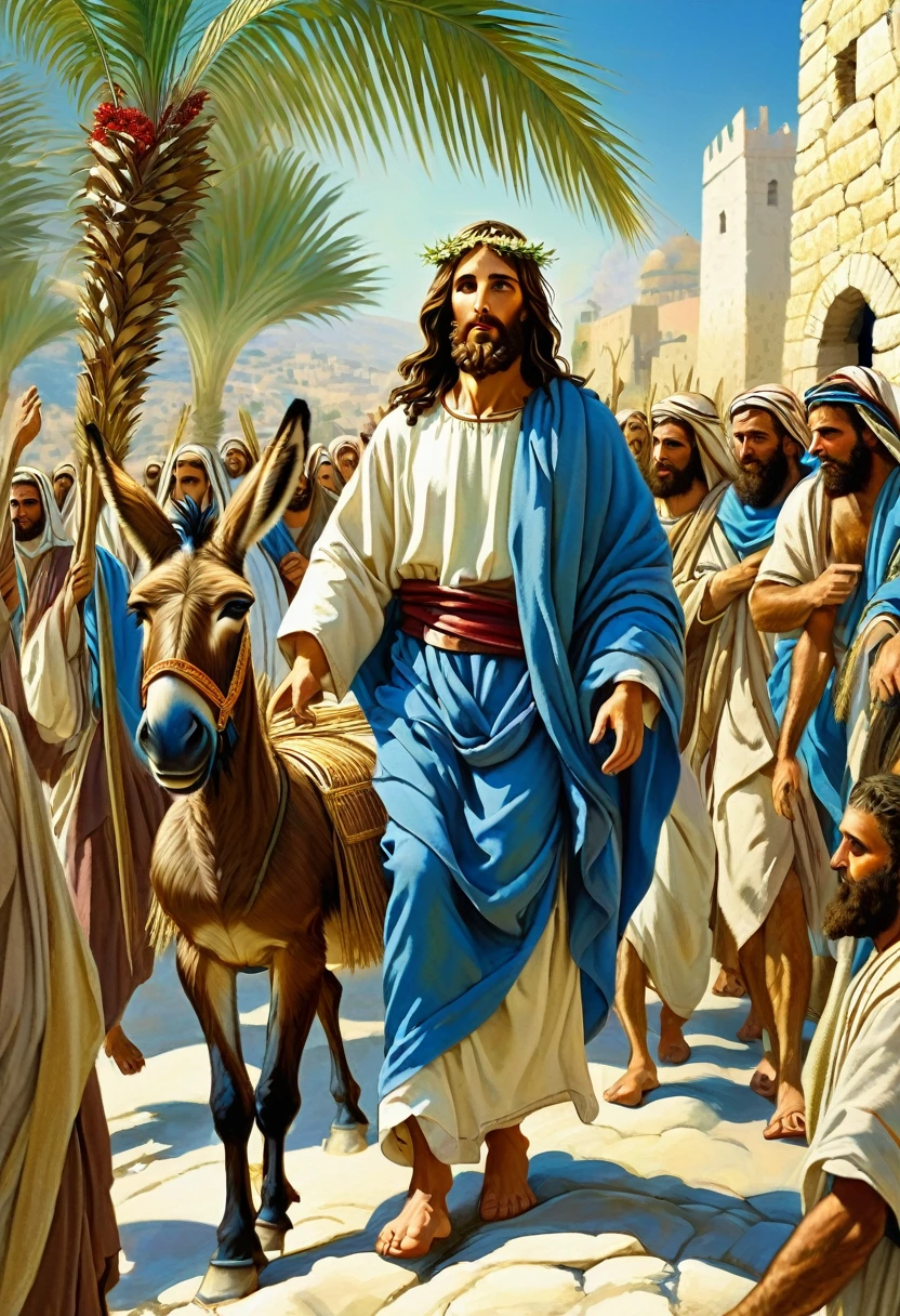 Jesus Christ, realistic style, Jesus is entering Jerusalem. Jesus is riding on a donkey. The crowd is applauding. There are palm leaves on the path. Jesus is wearing loose clothing typical of biblical times, with a blue belt.